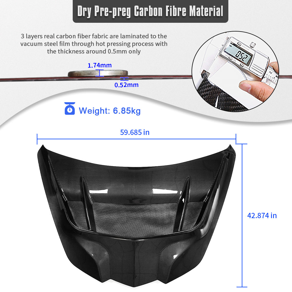 ZR1 Style Dry Carbon Fiber Front Engine Hood Cover For Corvette C8 Stingray Z06 ZR1 2020-2025, Replacement
