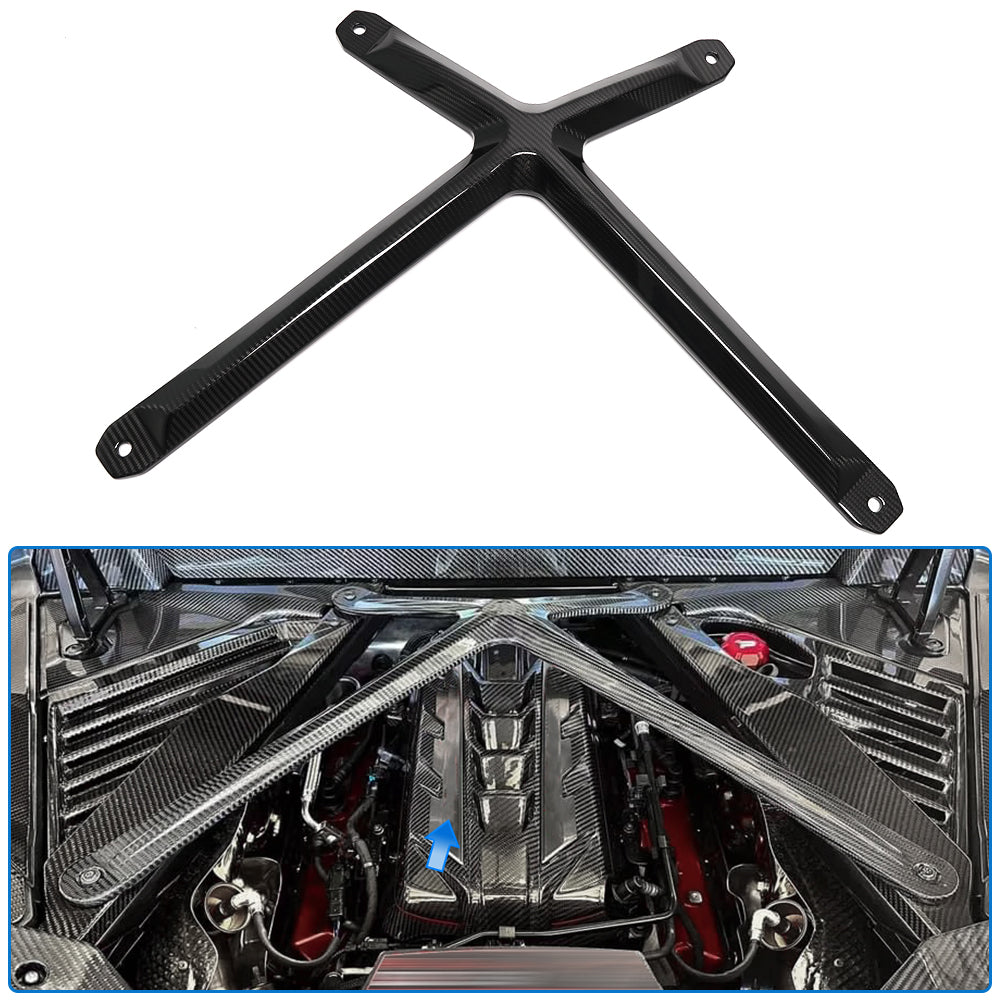 Real Carbon Fiber Engine Strut Tower Brace Bar For Corvette C8 Stingray Coupe HTC Z51 E-Ray 2020-2025, Engine Hood X Brace